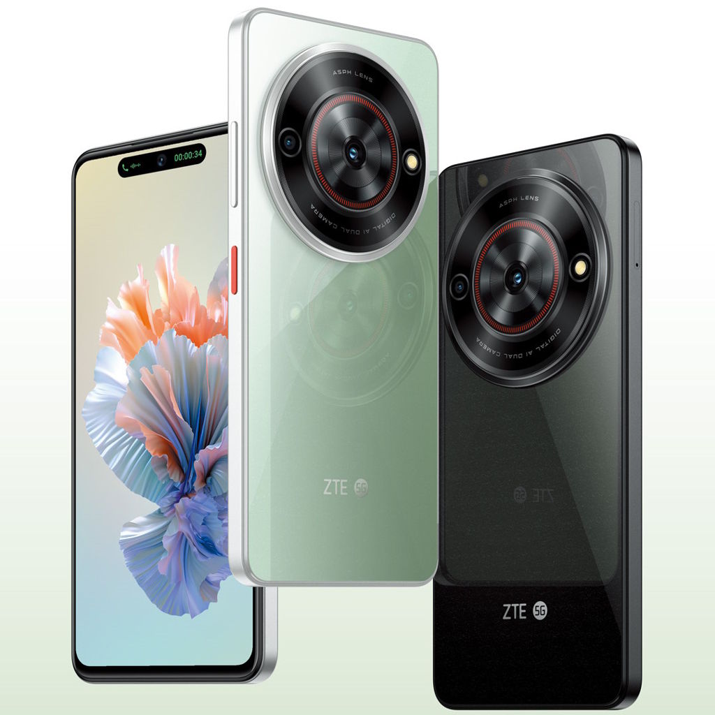 Three ZTE Blade A75 5G smartphones in different colors (black, green, and red) showcasing the front and back sides with the camera module prominently displayed.
